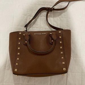 Michael Kors Brown Leather Medium Studded Selma Crossbody Bag